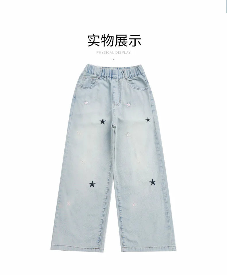 Five-pointed star embroidered jeans for girls aged 3 to 12, stylish wide-leg denim trousers, new spring/autumn collection