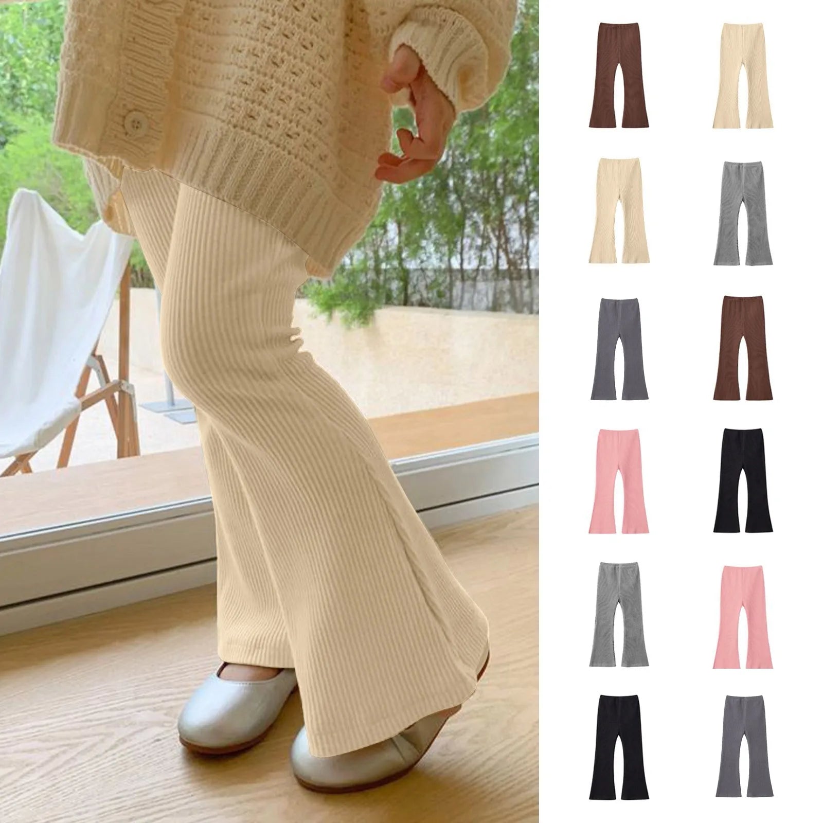Girls' cotton flared leggings, flared pants, high-waisted, bootcut, yoga pants, bell-bottoms for children