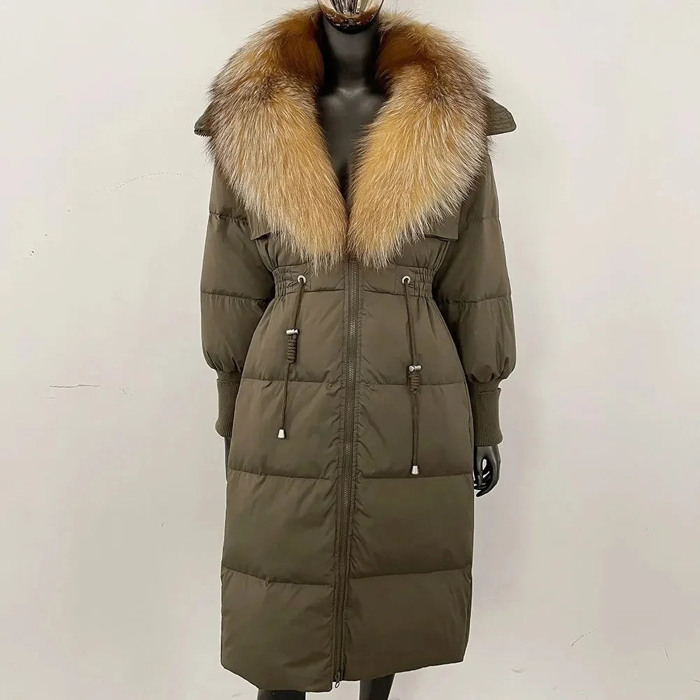 Doudoune longue avec col en fourrure pour femme, pardessus en fourrure de renard, longueur aux genoux, à la mode, chaude, cintrée à la taille, vêtements d'extérieur amincissants