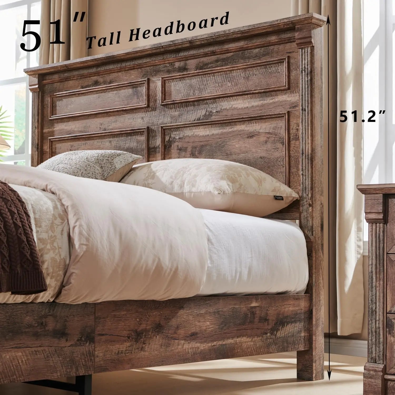 Cadre de lit queen size Farmhouse, avec tête de lit de 51 po de hauteur, cadre de lit en bois avec pied de lit de 20 po de hauteur et 2 grands tiroirs de rangement