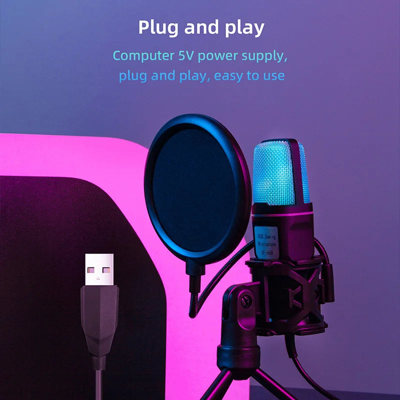 Microphone USB à condensateur RVB, fil de réduction de bruit, micro de jeu pour podcast, studio statique, streaming, ordinateur portable, ordinateur de bureau