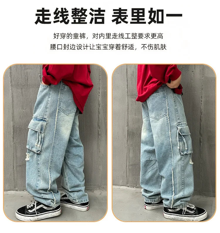 Adolescents garçons Hip Hop Streetwear vêtements de travail jean printemps automne 2025 nouveau Style enfants beau à la mode déchiré pantalon à jambes larges