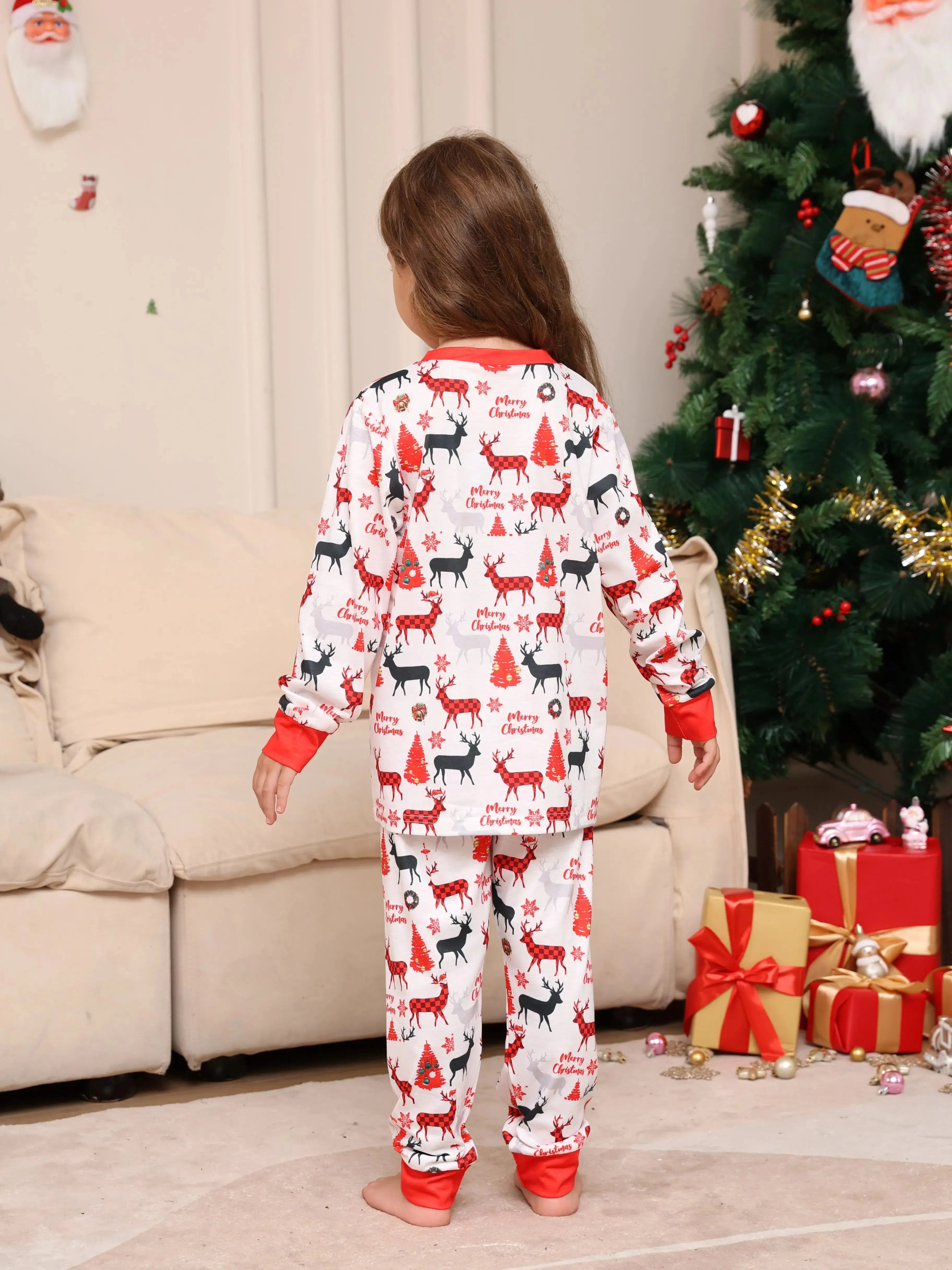 Ensemble pyjama de Noël pour enfants – Pyjama assorti rouge blanc à imprimé partout avec renne, arbre, « Joyeux Noël »
