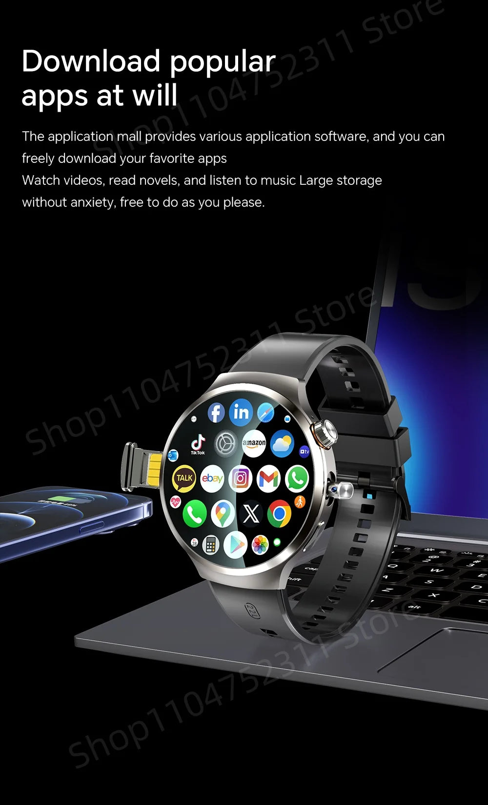 Smartwatch avec grand écran Amoled 1,98 pouces 210 °   Caméra rotative GPS Position surveillance de la santé Android 13.0 montre intelligente hommes