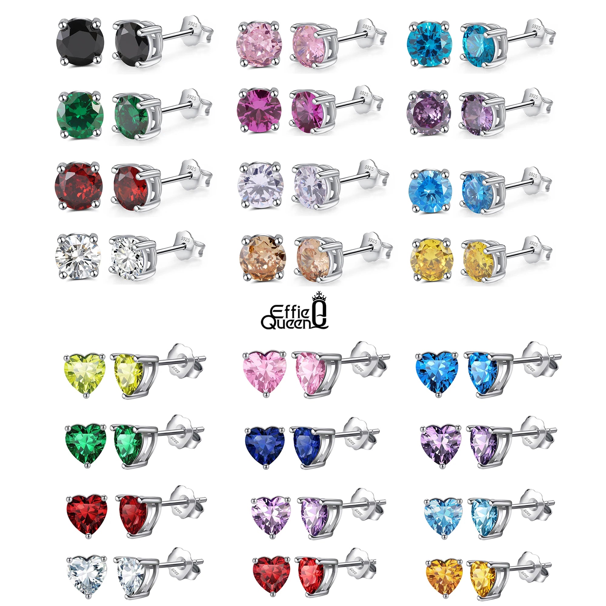 Effie Queen 925 boucles d'oreilles en argent Sterling pierre de naissance pour femmes AAA Zircon cubique 12 couleurs boucles d'oreilles mode fille bijoux SE84