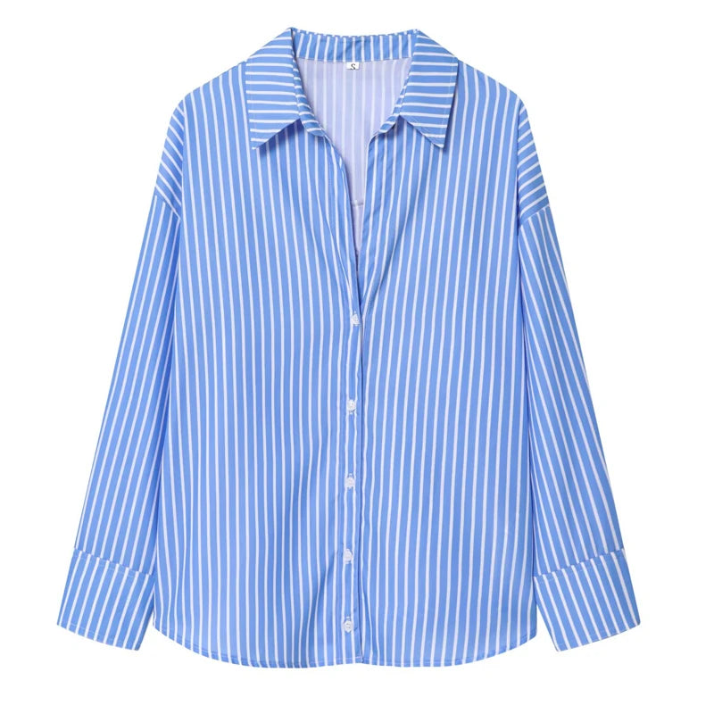 HXAO 2025 femme Blouses longues chemises à rayures femmes printemps été à manches longues bleu blanc chemise femme grands hauts chemises boutonnées