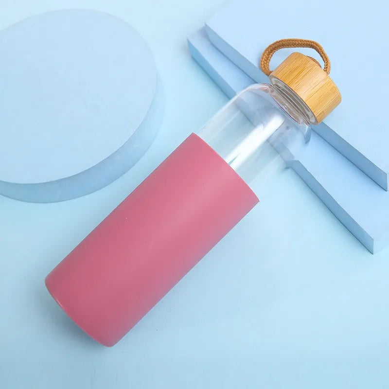 Bouteille d'eau en verre de 500ml, avec manchon en Silicone résistant à la chaleur, petite bouche, bouteilles portables anti-fuite avec poignée