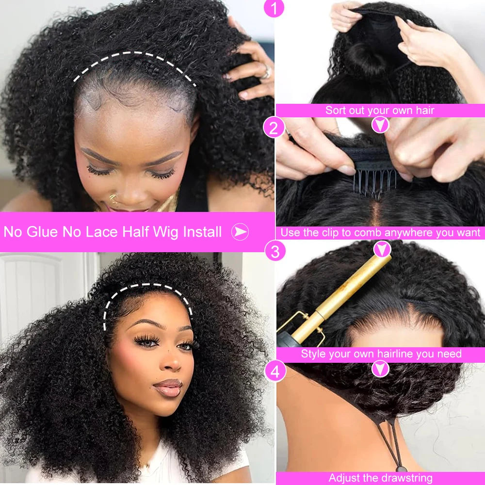 Crépus bouclés rabat sur perruque de cheveux humains demi perruques 250 densité 3 en 1 sans couture débutant amical sans colle porter et aller perruque bouclée