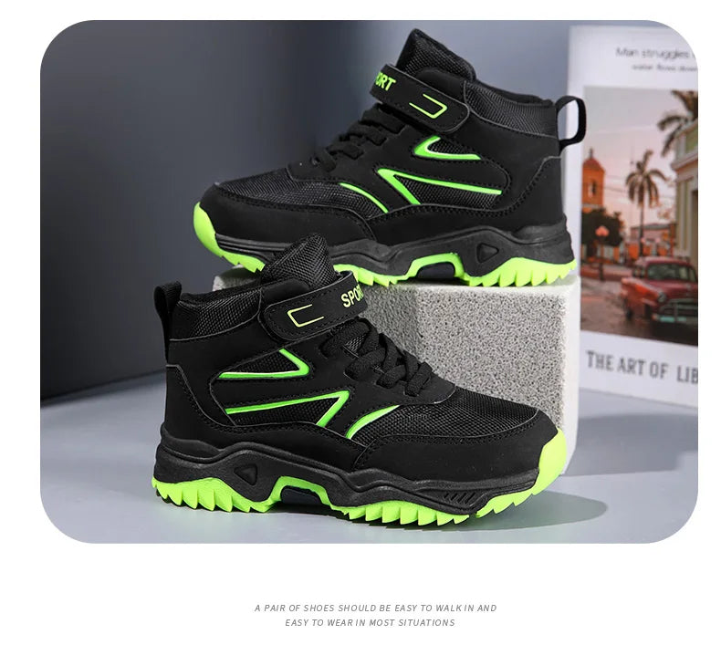 Chaussures de sport antidérapantes en cuir pour enfants, baskets de course respirantes, noires, à la mode, de randonnée, taille 29-40, nouvelle collection