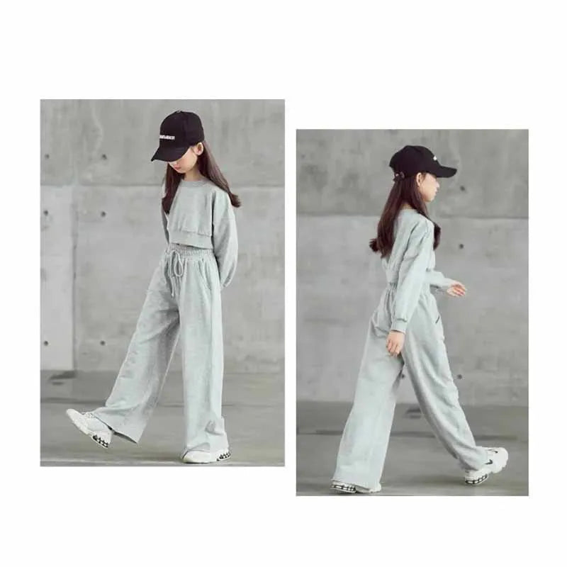 Girls' solid color outfit set, long-sleeved cropped sweater and pants, 2 pieces, new spring-autumn fashion, casual suit for children aged 4 to 12 years
