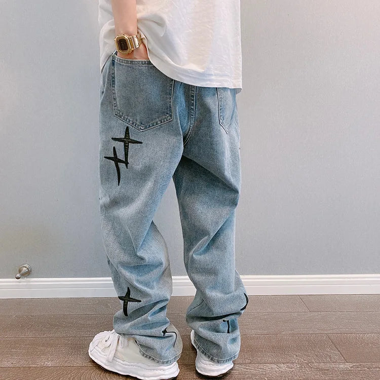 Men's printed jeans, streetwear, baggy, wide leg, Korean fashion, draped, straight, casual, loose fit, cargo pants, new 2023 collection