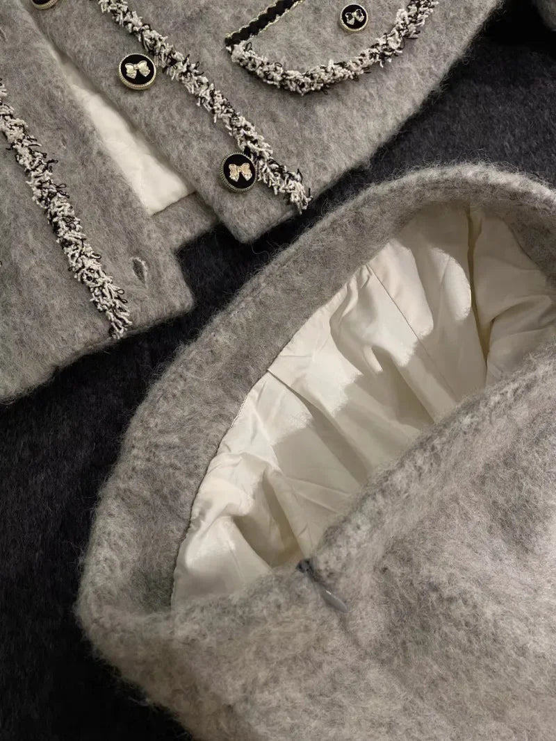 Manteaux matelassés épais mélanges veste en laine grise haut court hiver Vintage mince une ligne jupes femmes deux pièces ensembles costume à nœud Y2k