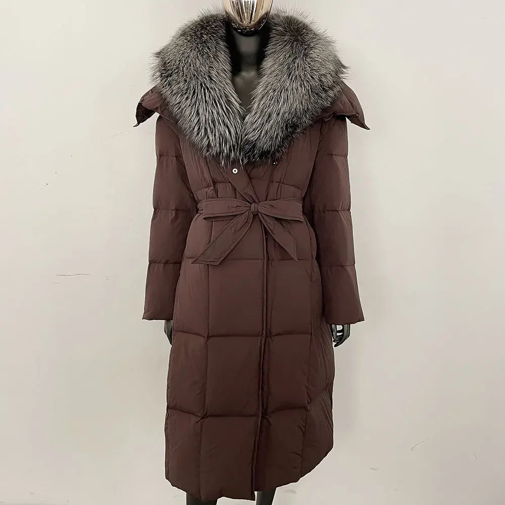 Veste d'hiver chaude et élégante pour femme, avec ceinture à capuche, simple boutonnage, col en vraie fourrure de renard, manteau épais et ample en duvet de canard blanc