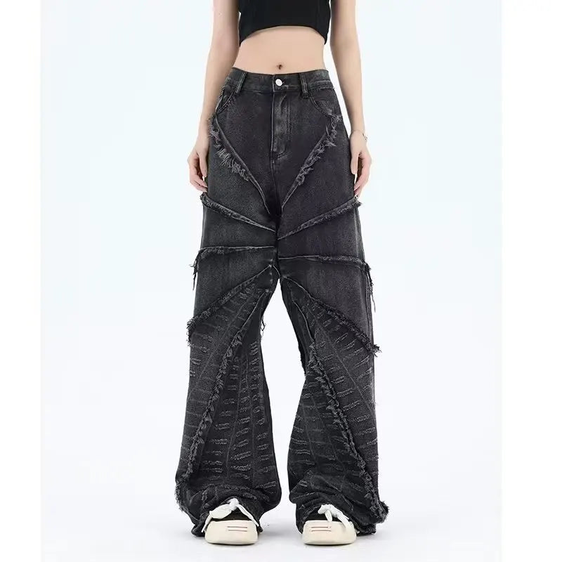 Y2K jean ample femme Hip Hop taille haute jean noir paresseux surdimensionné motif de broderie rétro jean haute rue vêtements