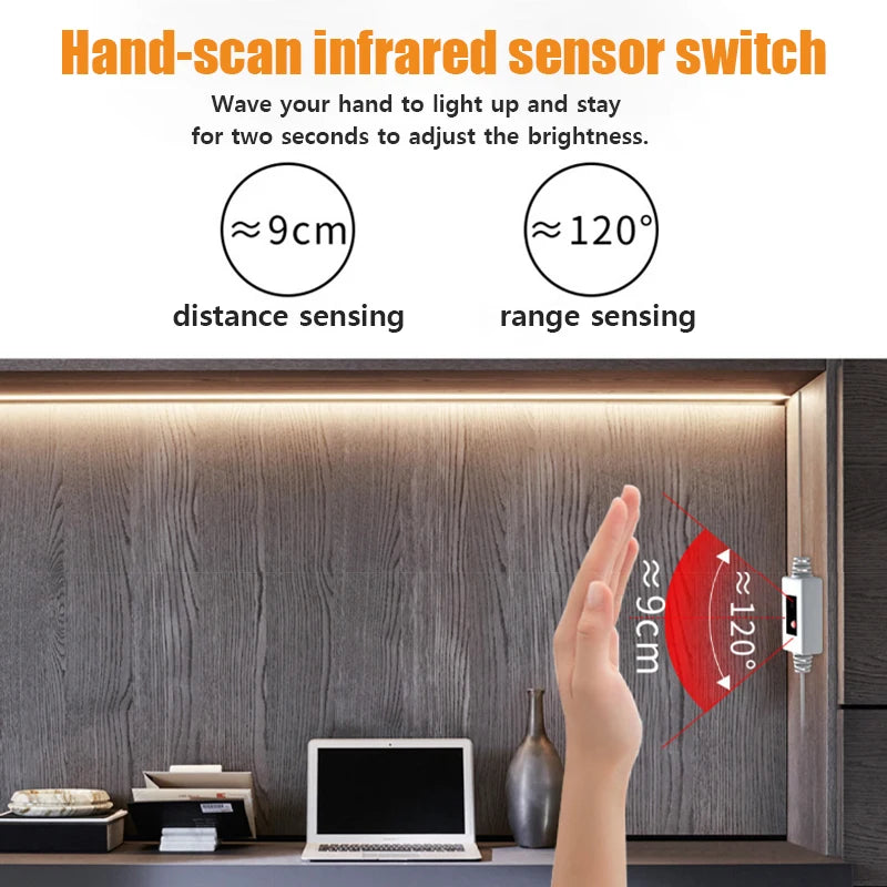 LED Strip Light with Ripple Sensor and Hand Swipe, Backlighting for TV, Kitchen, Under Cabinet, DC 5V, USB 2835