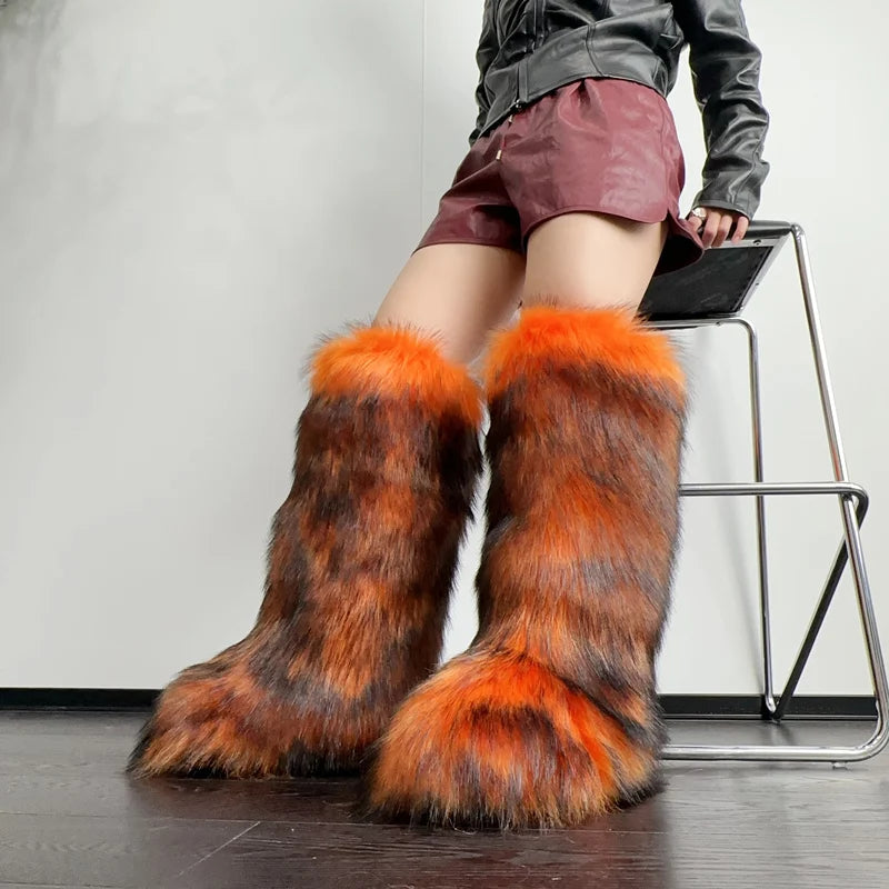 Bottes hautes en fausse fourrure pelucheuse pour femmes – Bottes en fourrure à enfiler douces, chaudes et confortables pour l'automne et l'hiver