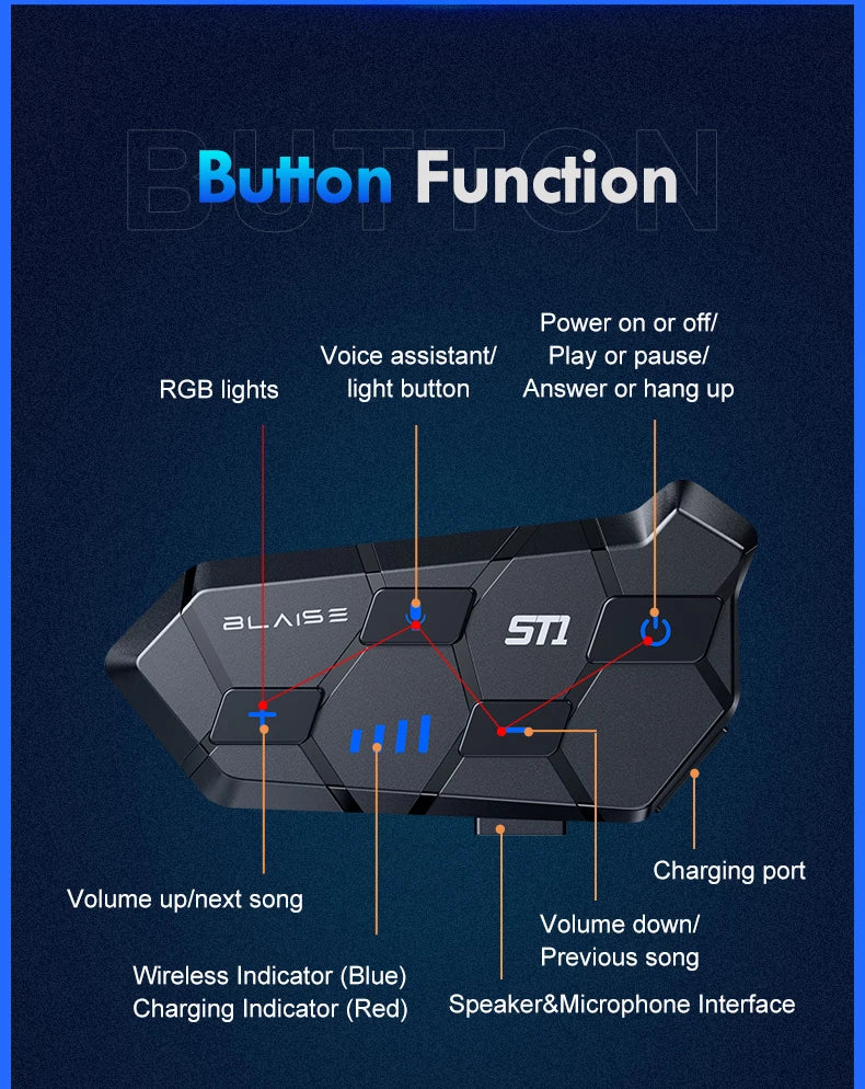 Casque de moto sans fil Bluetooth 5.3, étanche, anti-poussière, MP3, musique, haute endurance