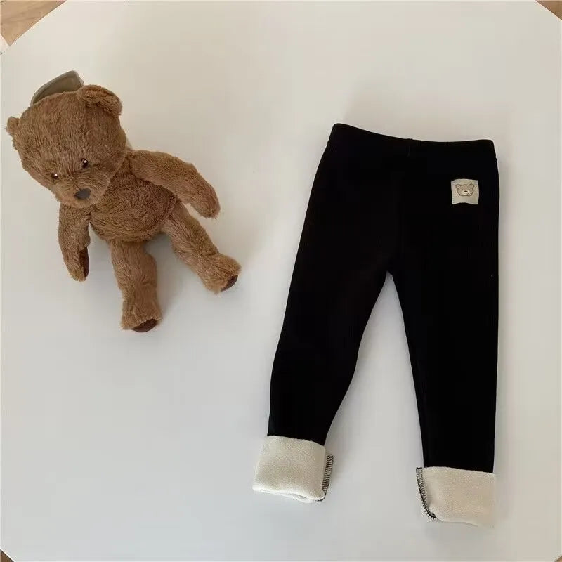 Girls' fleece-lined leggings, warm winter stretch pants with bear patch, soft pants for children aged 1-6 years