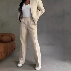Women's two-piece casual set, solid color, sweatshirt, long sleeves, zip-up coat, long pants, pockets, elegant, autumn/winter 2025