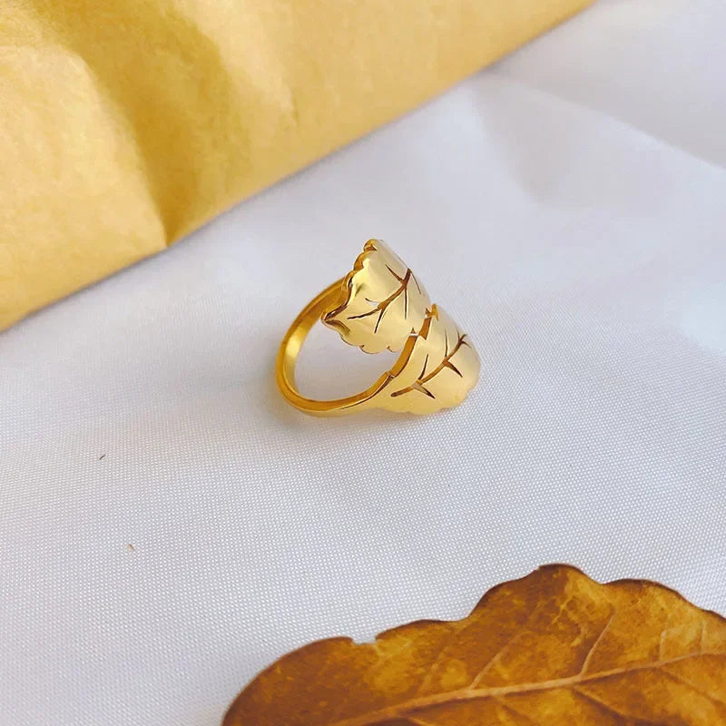 Bague simple en acier titane pour femme, motif feuille, plaqué or 18 carats, style coréen, tendance, haut de gamme, accessoire mode