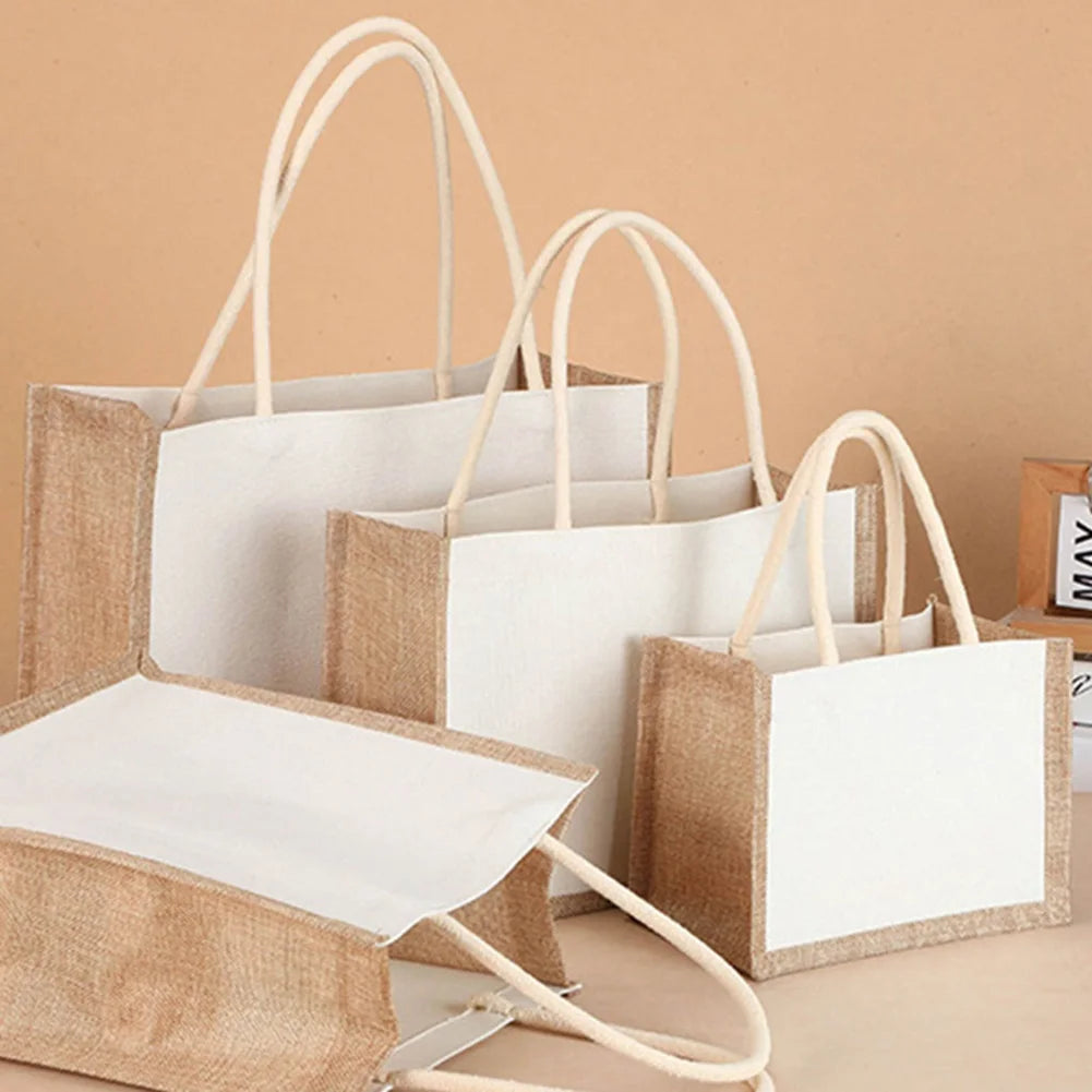 Sac fourre-tout en toile de jute réutilisable vintage, sacs en lin faits à la main, sacs à main portables pour dames, sac d'épicerie, sac cadeau d'anniversaire et de mariage