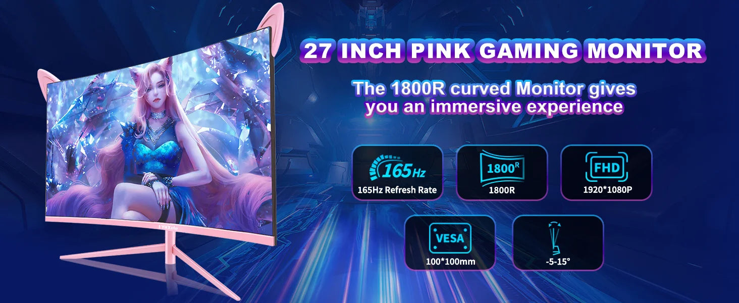 Moniteur rose incurvé de 27 pouces QHD 165hz 1800R, écran de jeu HDR10, écran de bureau à synchronisation libre, 1ms GTG avec haut-parleurs, inclinaison réglable