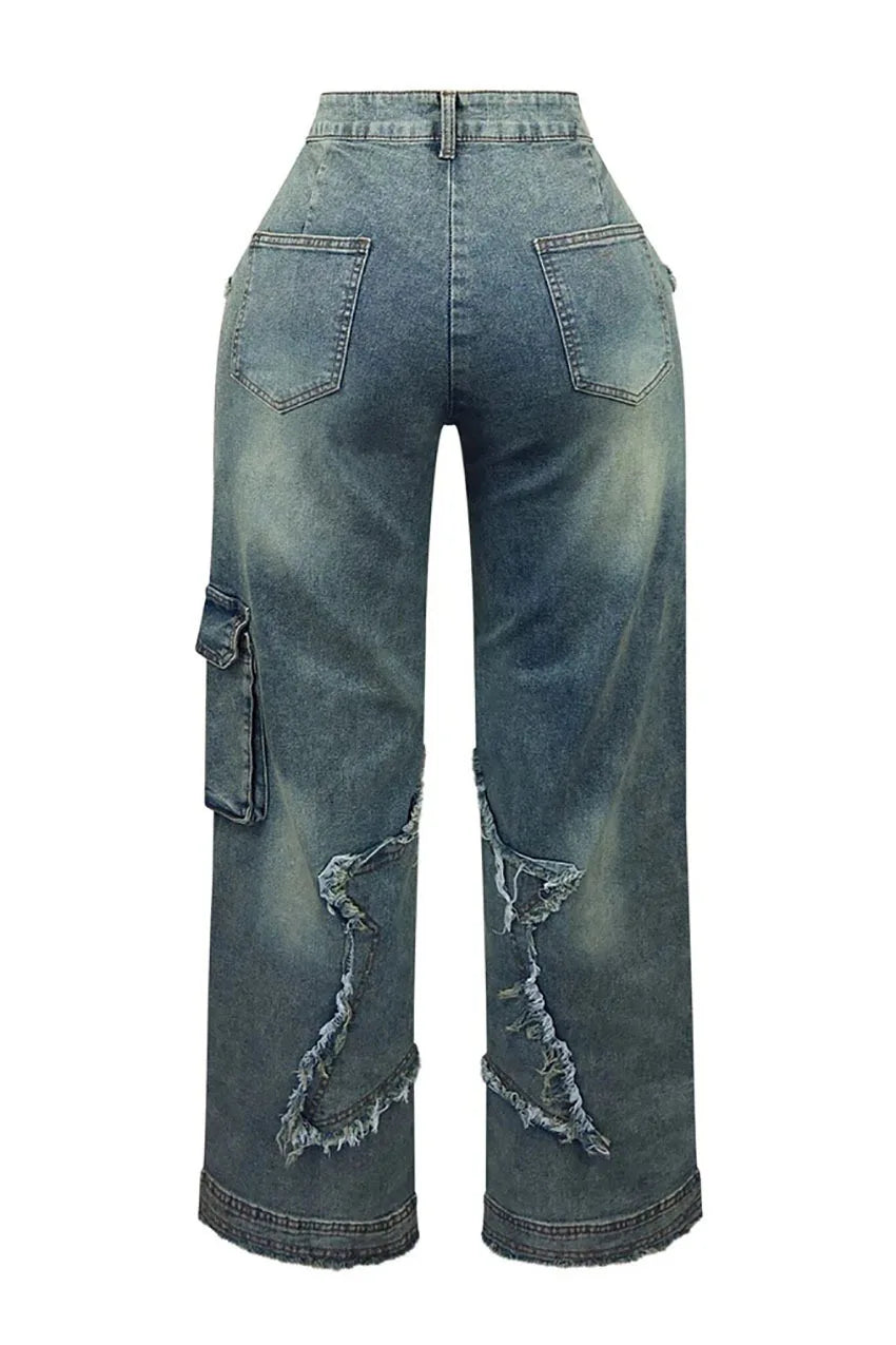 Women's relaxed, straight-leg, wide-leg denim jeans with star tassel detail, comfortable, loose fit, new autumn/winter collection
