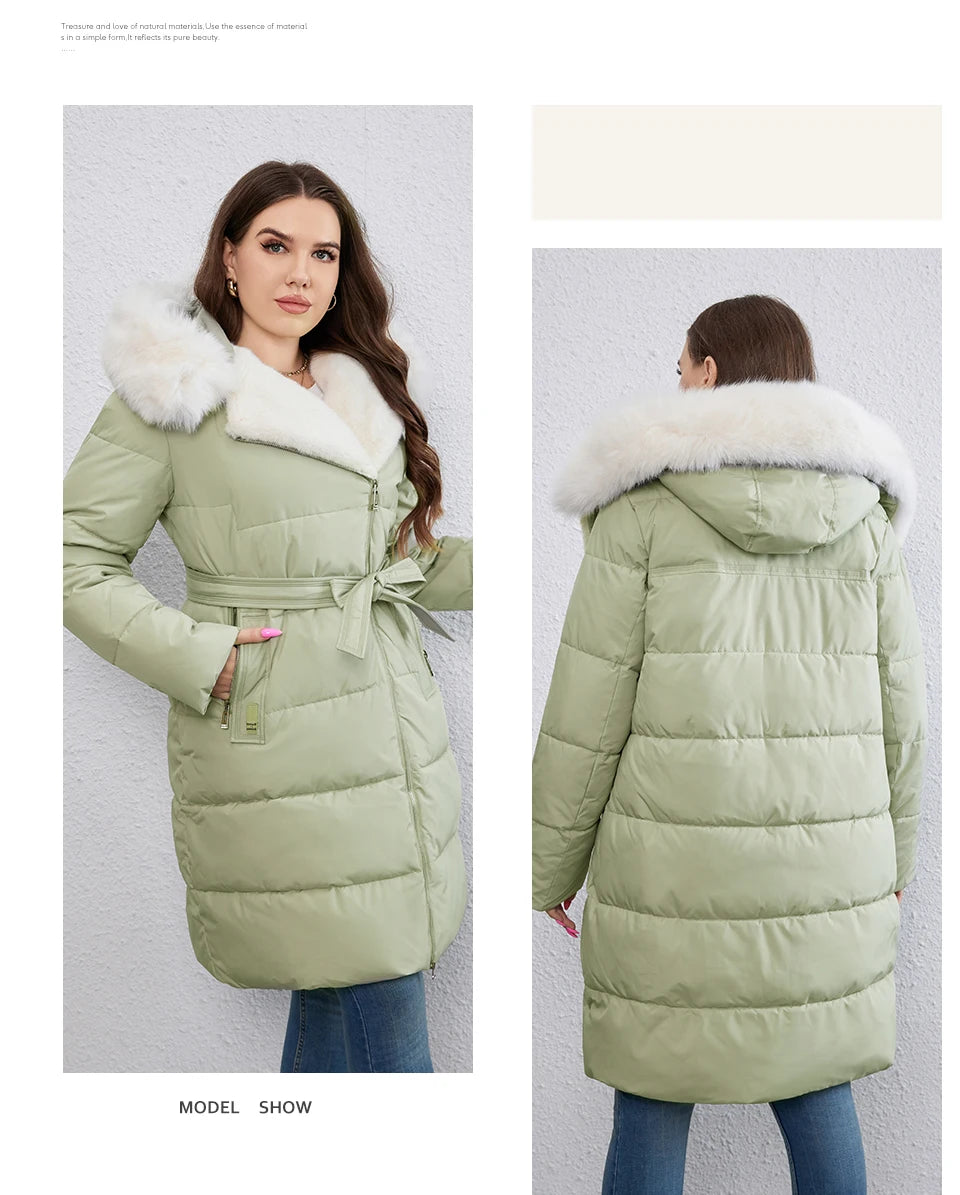 HaiLuoZi-Doudoune Longue en Coton pour Femme avec Ceinture en Fourrure, Manteau à Revers, Fermeture Éclair Indépendante, Vêtements d'Extérieur, Nouvelle Collection Hiver 2023, 1171