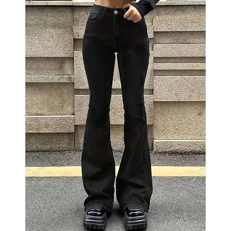 Girls' high-waisted flared jeans, stretch denim pants, bootcut fit, solid color, narrow bell leg, 2025