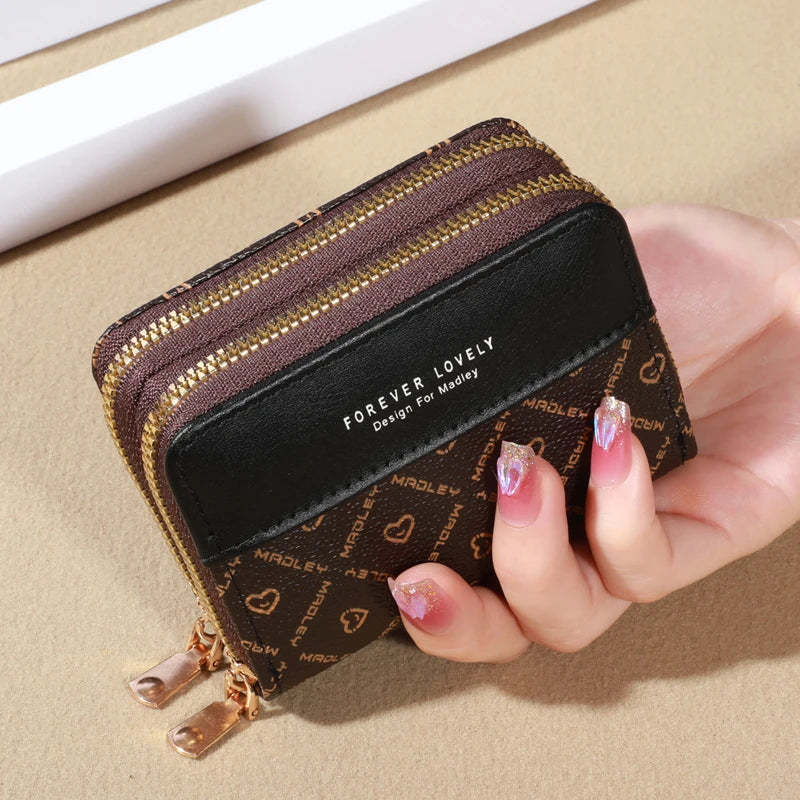 Mini faux leather wallet with double zipper, compact classic pouch, multiple card slots, matching pocket, RFID protection, chic 