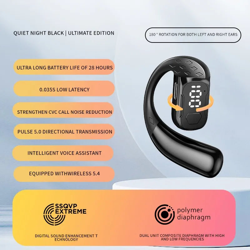 Sans fil Bluetooth 5.4 ouvert 180 °   casque à conduction d'air rotatif avec affichage de la batterie LED sur les deux oreilles et un écouteurs avec microphone