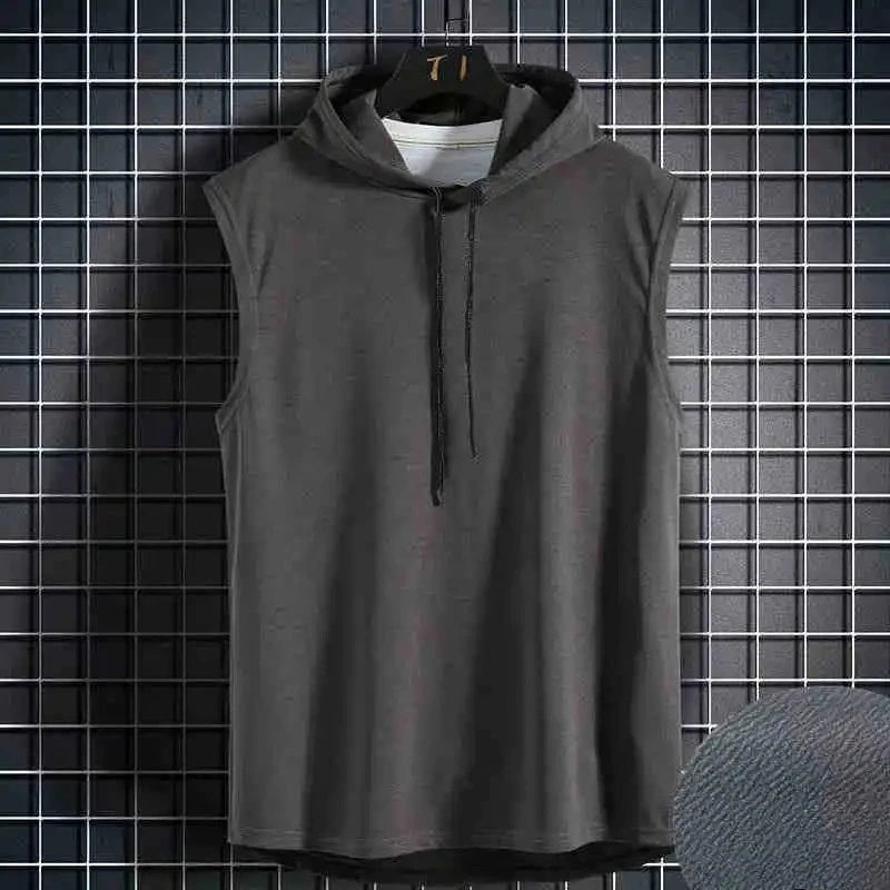 Hommes cravate col à capuche sans manches gilets mâle été ample solide Hip Hop t-shirt hauts