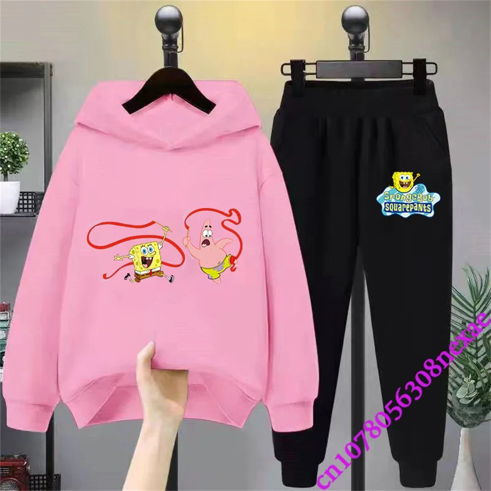 Spongebob-Pull imprimé dessin animé pour enfants, vêtements pour garçons et filles, imbibé, printemps et automne, Sportif, fjedly, 2 pièces
