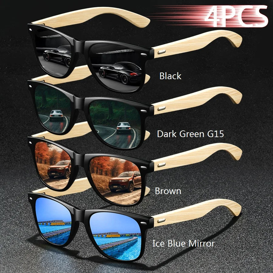 4 pièces mode carré unisexe bambou bois Vintage lunettes de soleil pour hommes femmes conduite pêche marque concepteur lunettes de soleil homme UV400