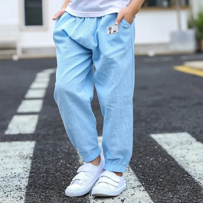 Pantalons pour enfants pour garçons et filles, en coton et lin, taille élastique, couleur unie, pantalons moustiques d'été, vêtements pour enfants, pantalons longs 100-160cm