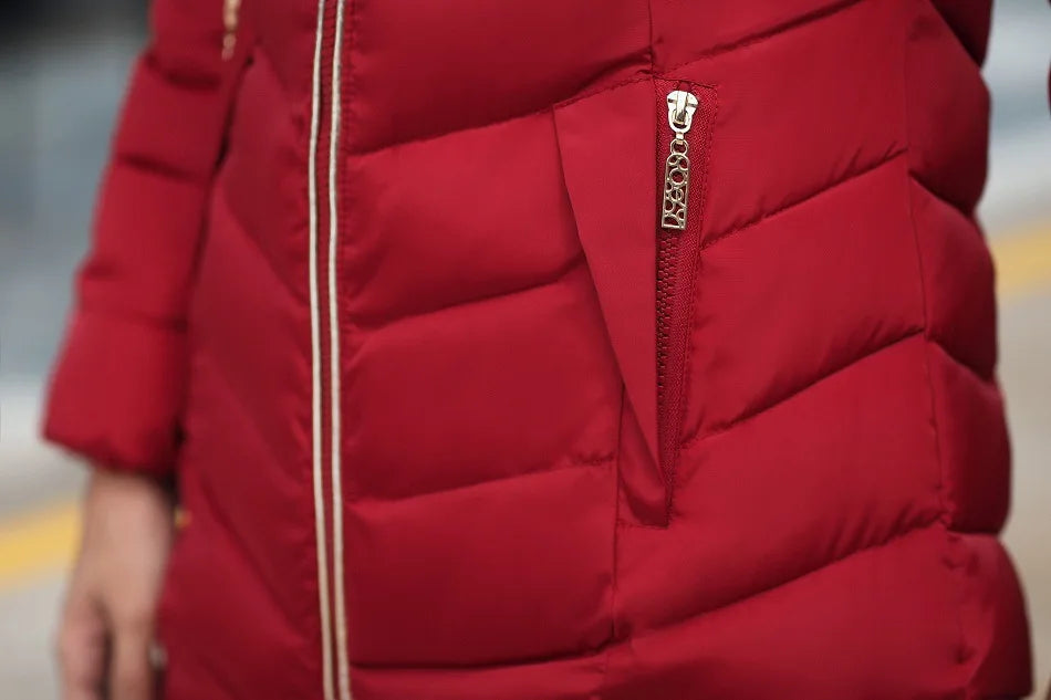 Veste d'hiver mi-longue en coton pour femme, manteau d'hiver rempli de grand col en fourrure, fibre de Polyester de Style britannique Non amovible