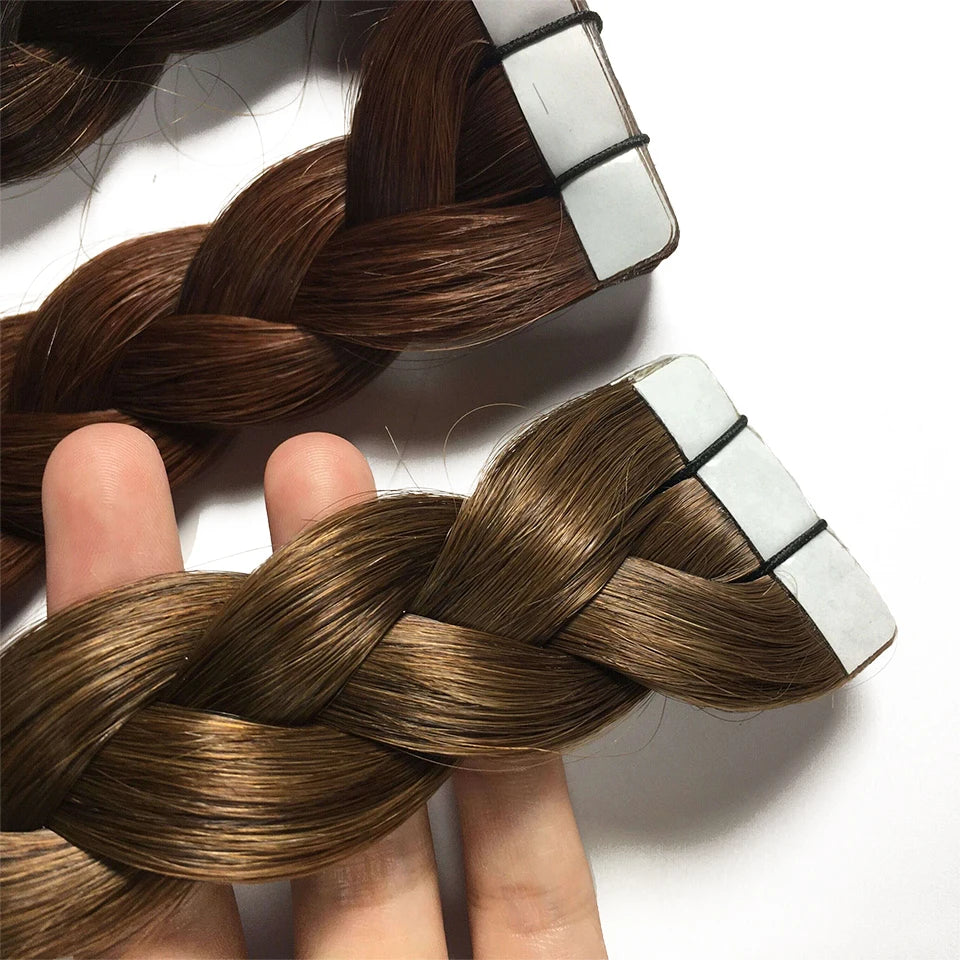 Bande dans les Extensions de cheveux humains droits Extensions adhésives de cheveux brésiliens trame de peau noir brun 100% vrais cheveux humains pour les femmes