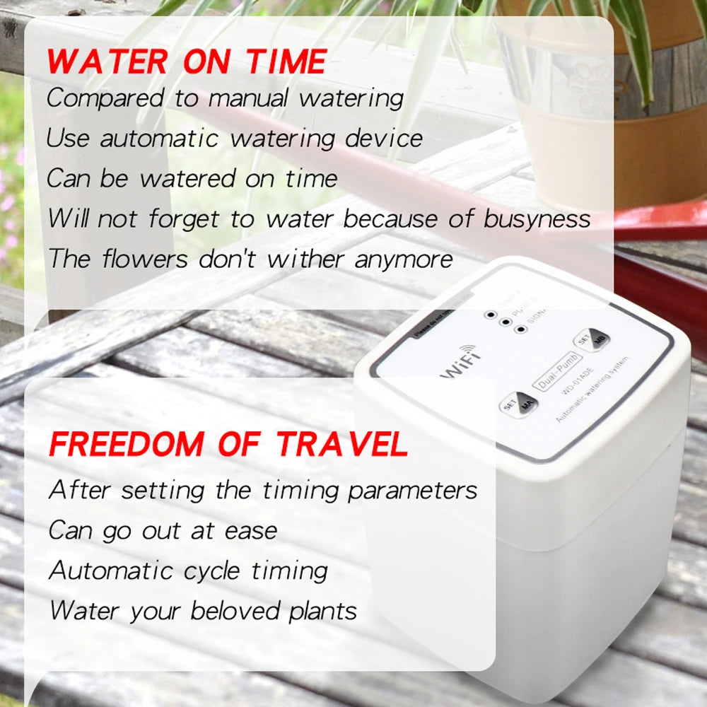 Dispositif d'arrosage Intelligent WIFI, Double pompe, système d'irrigation goutte-à-goutte automatique, contrôleur d'application à distance pour terrasse de jardin