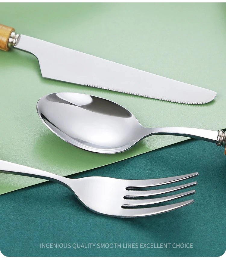 Ensemble de Vaisselle en Bambou et Acier Inoxydable avec Poignée Naturelle, Couverts Rétro, Steak, Opaque, Fourchette, Cuillère, Cadeau de Dessert, 20/30 Pièces