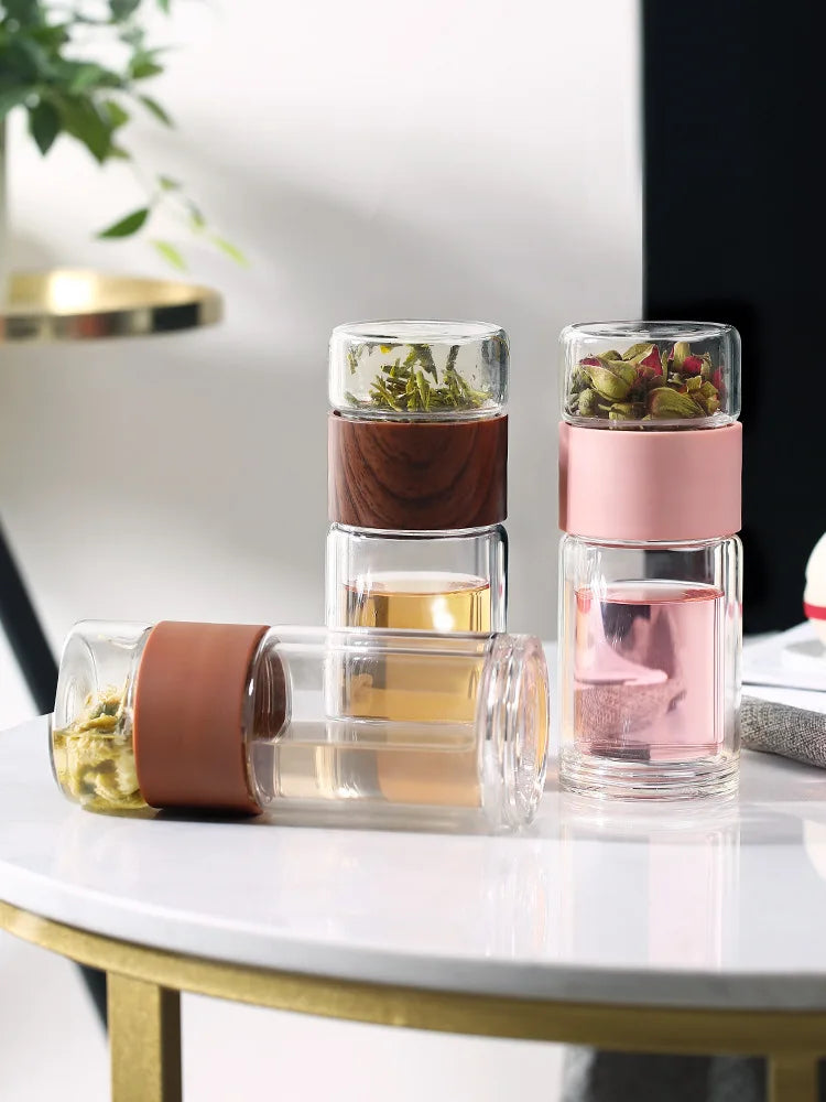 Bouteille d'eau en verre double de haute qualité avec étui, bouteille de clics de thé, infuseur, gobelet, verres, bouteille d'eau écologique