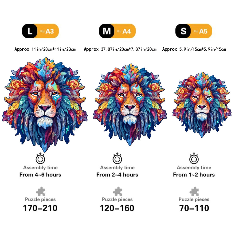 Visage de lion - Puzzle en bois - Forme irrégulière - Fait main - Cadeau parfait pour les enfants, les adultes et les amateurs de puzzle