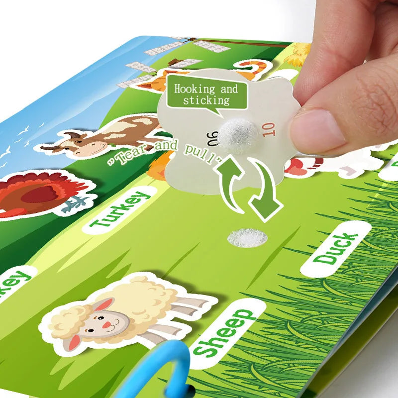 Livre occupé pour les tout-petits âgés de 2 à 6 ans, livre silencieux, activité d'apprentissage préscolaire, autocollant réutilisable et Velcro assorti Montessori Fine Mot
