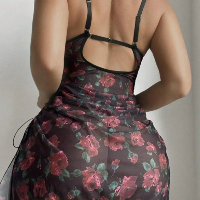 Nuisettes sexy Lingerie Femme Robe de nuit Robe licou à imprimé floral - Robe dos nu luxueuse et séduisante Pyjamas sexy