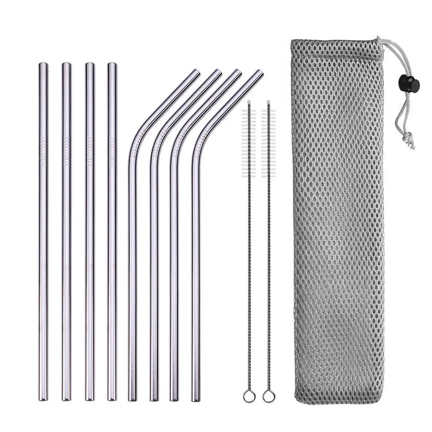 Paille à boire réutilisable en acier inoxydable 304, paille métallique droite et courbée avec pochette pour brosse de nettoyage, vente en gros