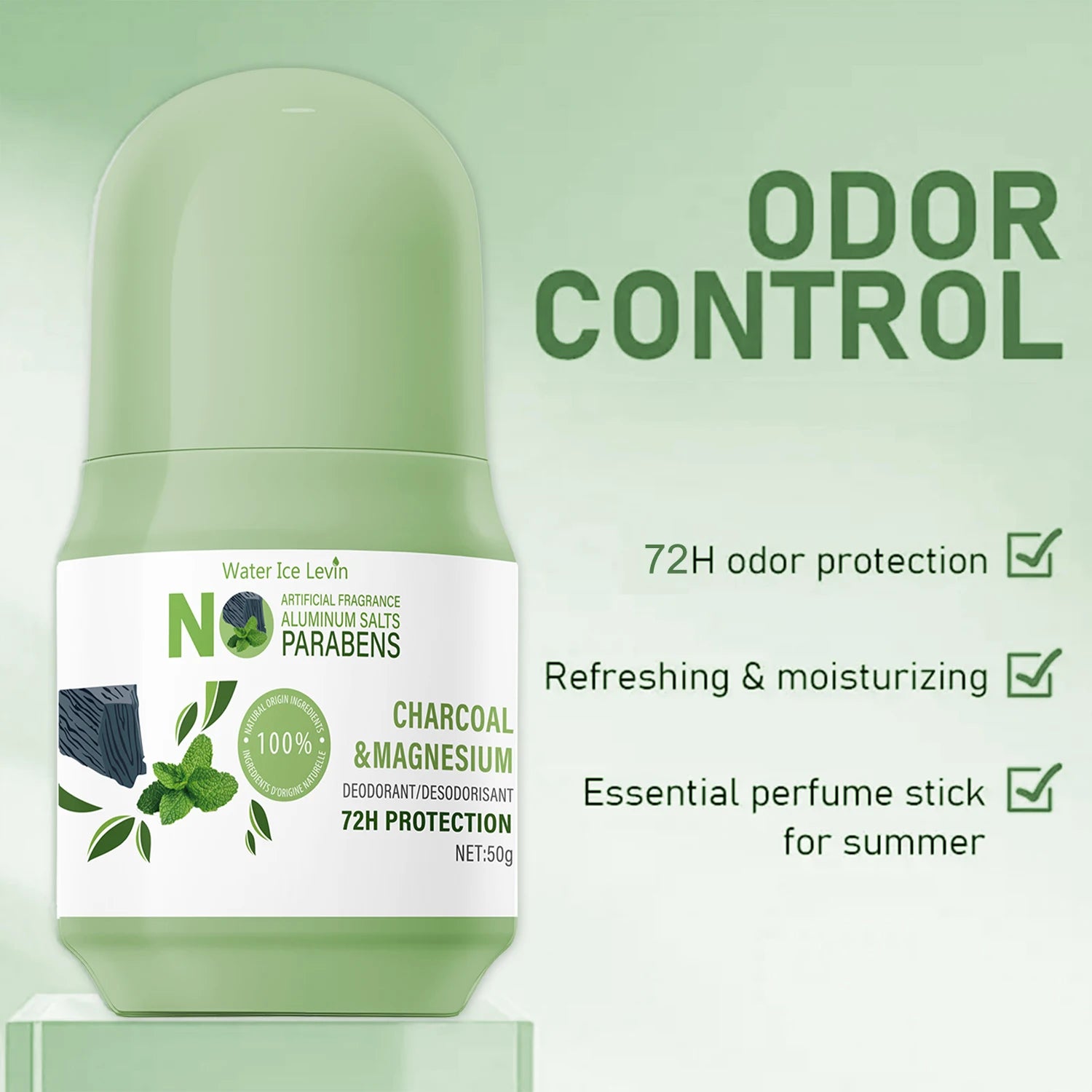 Bâton déodorant naturel Water Ice Levin – Protection 72H, charbon de bois et magnésium, sans aluminium.
