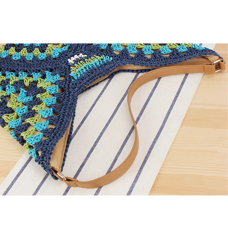 Sac à main d'été bohème tressé, fourre-tout décontracté, sac de plage en paille creuse, sac initié tissé, sac de voyage en raphia et rotin