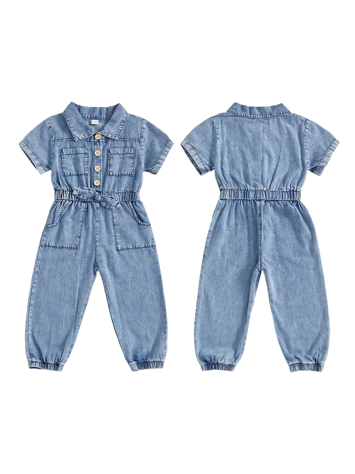 Barboteuse en jean pour petites filles, manches courtes, revers boutonné, combinaison pleine longueur avec poches