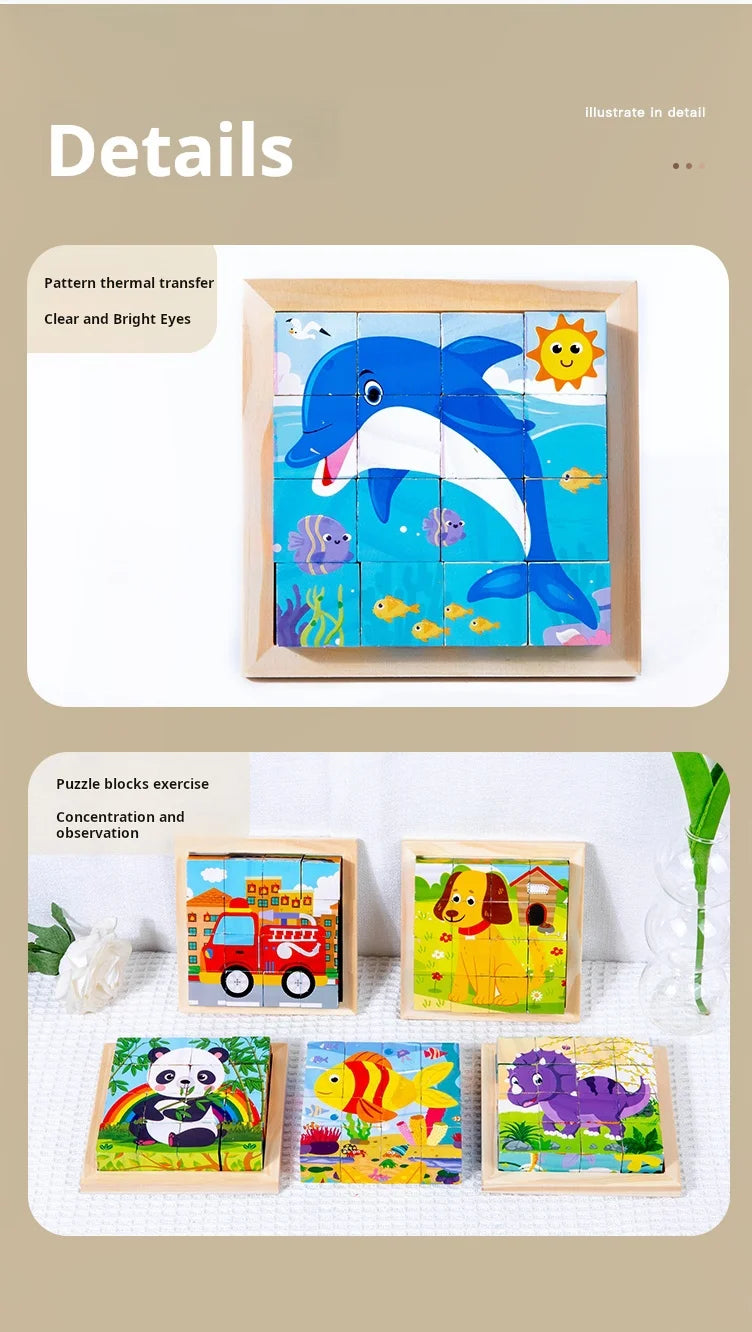 Puzzle en bois peint à Six côtés, blocs de construction tridimensionnels pour animaux de la circulation, jouet éducatif pour l'éducation précoce