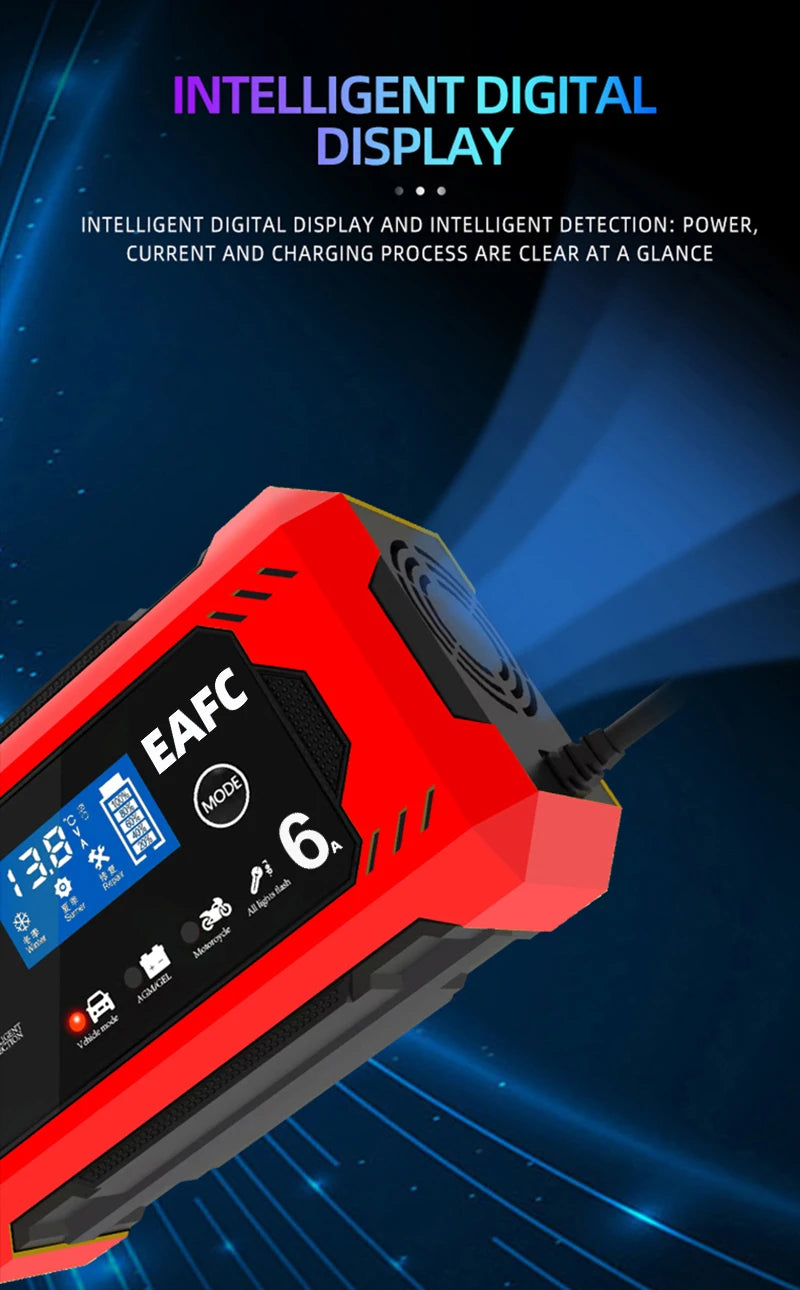 Chargeur de batterie de voiture, grand écran 6a 12V, dispositif de charge de batterie de voiture et de moto, batterie au plomb, réparation intelligente, écran LCD