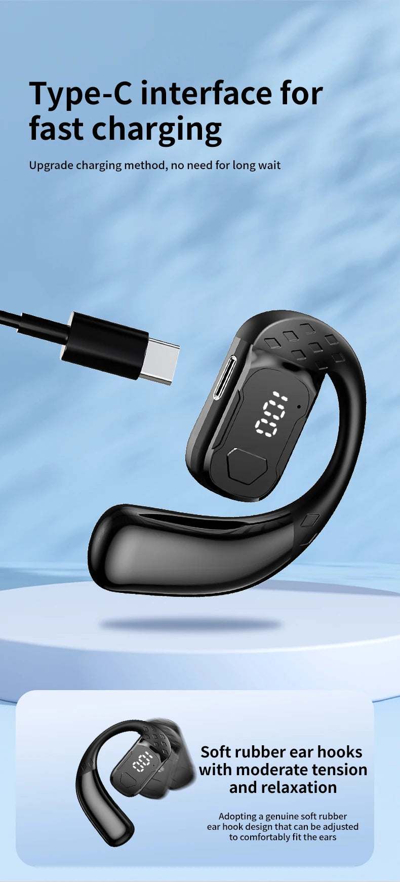 Sans fil Bluetooth 5.4 ouvert 180 °   casque à conduction d'air rotatif avec affichage de la batterie LED sur les deux oreilles et un écouteurs avec microphone